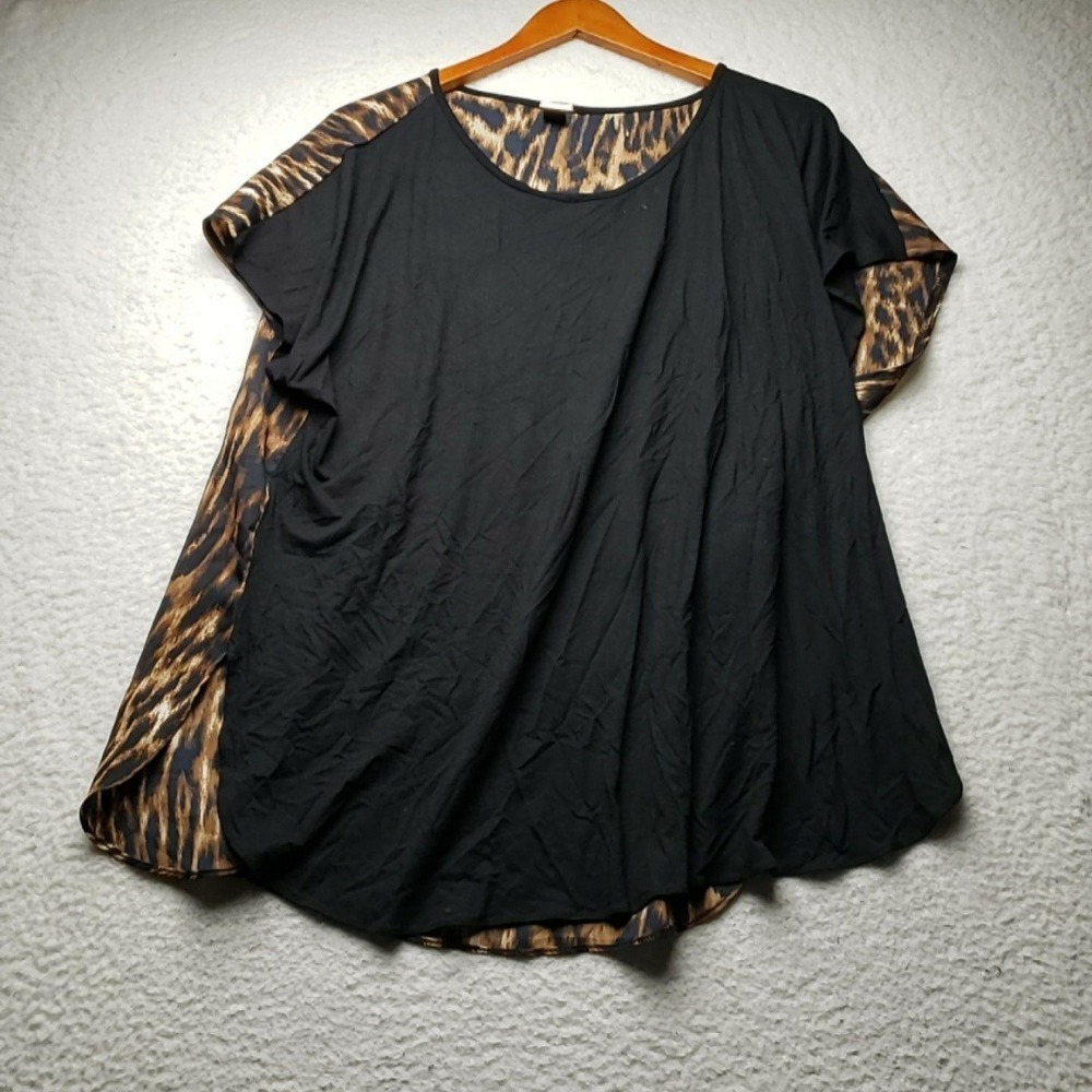 Black Label By Chico's Shirt Womens 3 Black Scoop Neck Dolman Animal Tunic Top